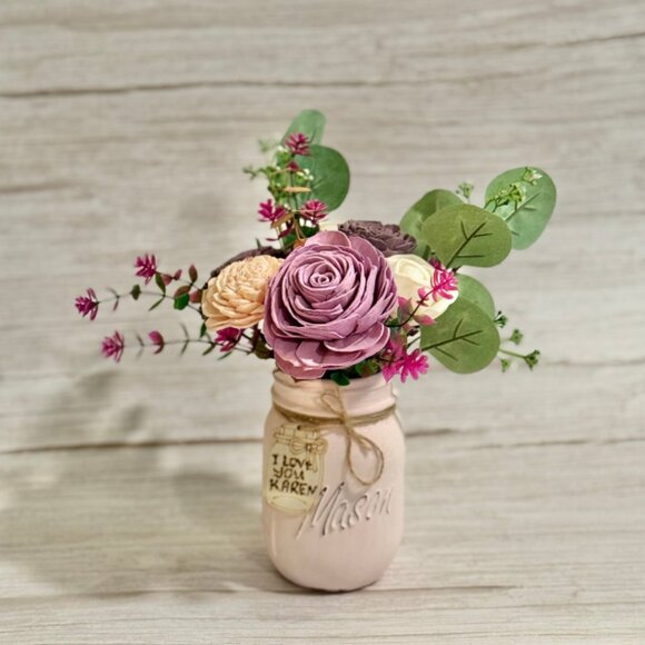 Sola Wood Floral Arrangement in Hand-Painted Personalized Mason Jar - Picture 1 of 9